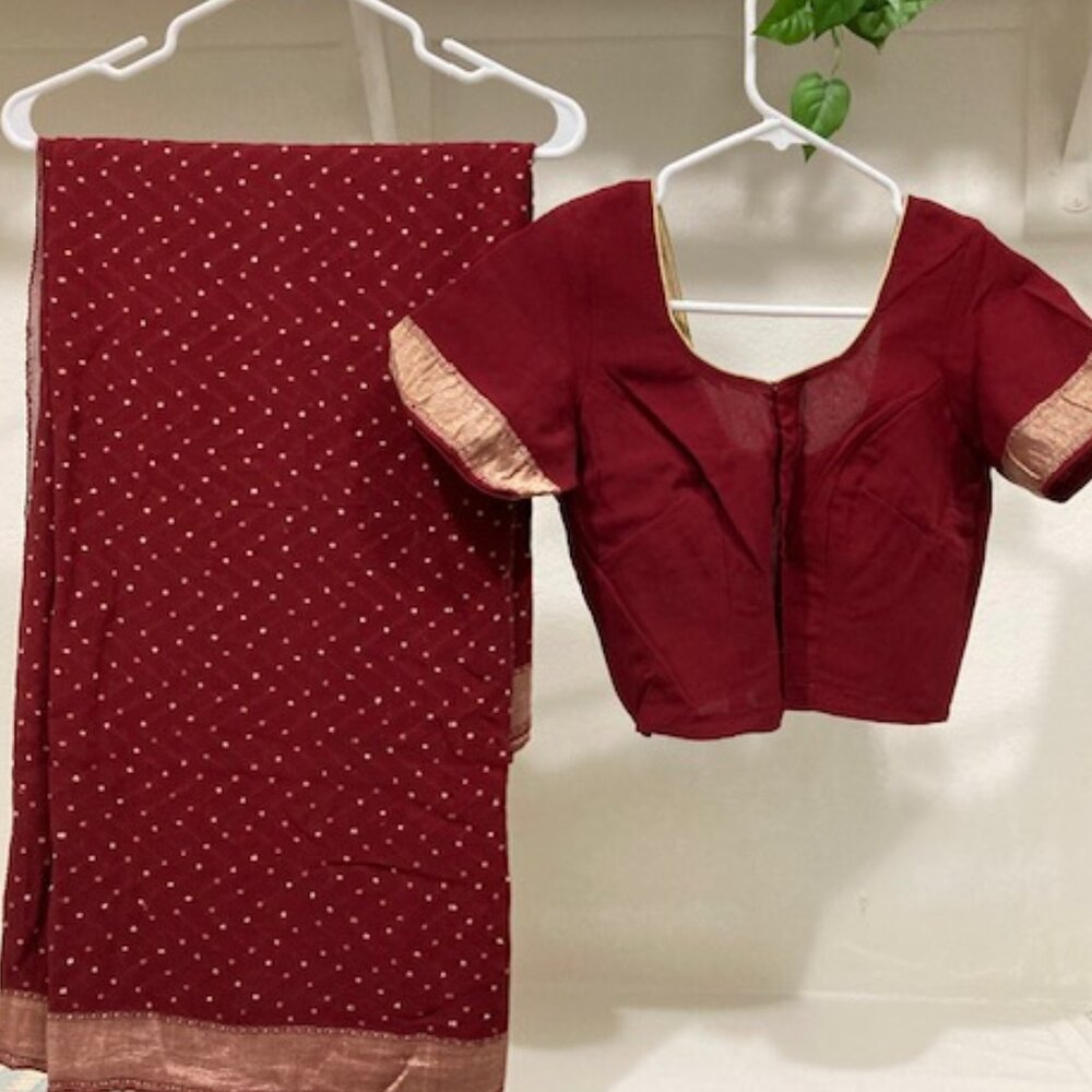 Maroon chiffon sari with blouse